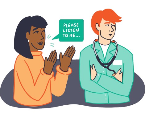 A cartoon graphic of a women speaking to a man which a speech bubble that says: 'Please listen to me'.